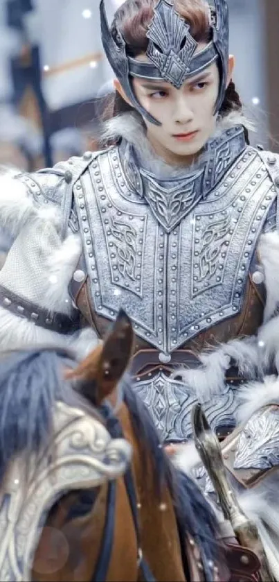 Fantasy knight in silver armor on horseback in a medieval setting.