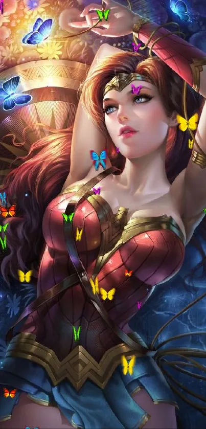 Fantasy warrior art with butterflies in vivid colors.