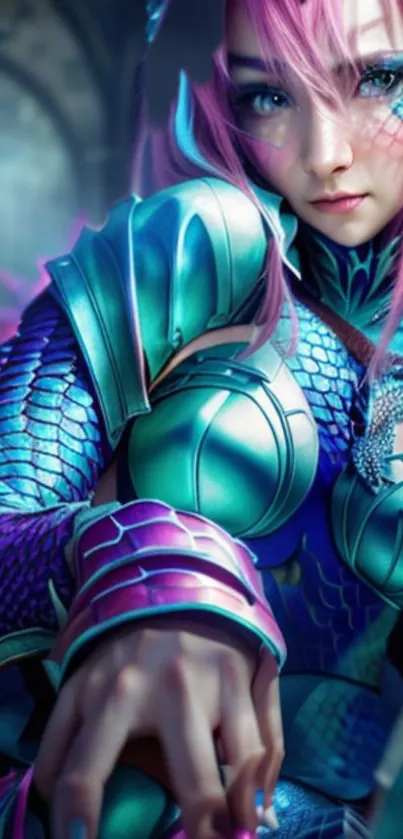 Beautiful fantasy warrior in blue and purple armor.