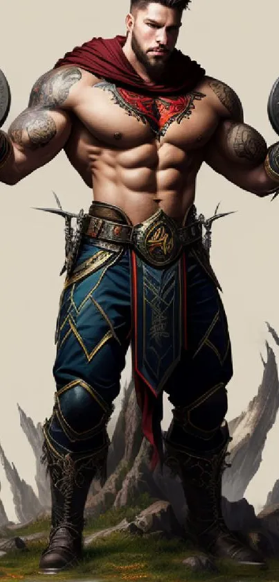 Muscular fantasy warrior with tattoos holding weights, detailed in art style.