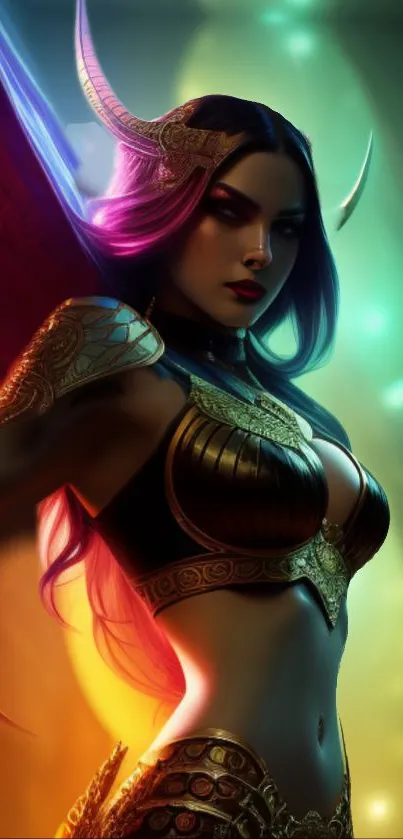 Vivid fantasy warrior art with bold colors and a mystical female character.