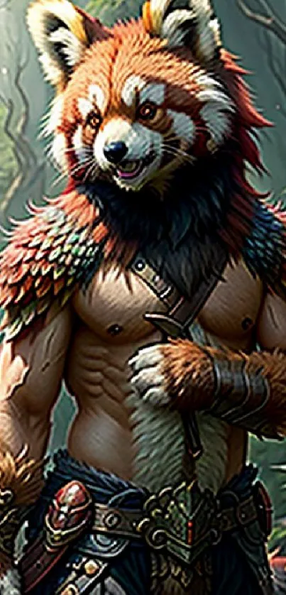 Fantasy bear warrior with intricate armor in a lush forest setting.