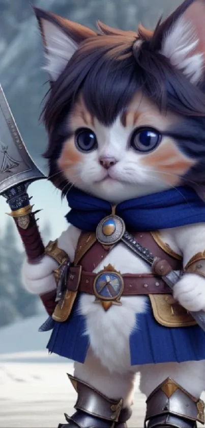 Fantasy cat warrior in a snowy landscape.