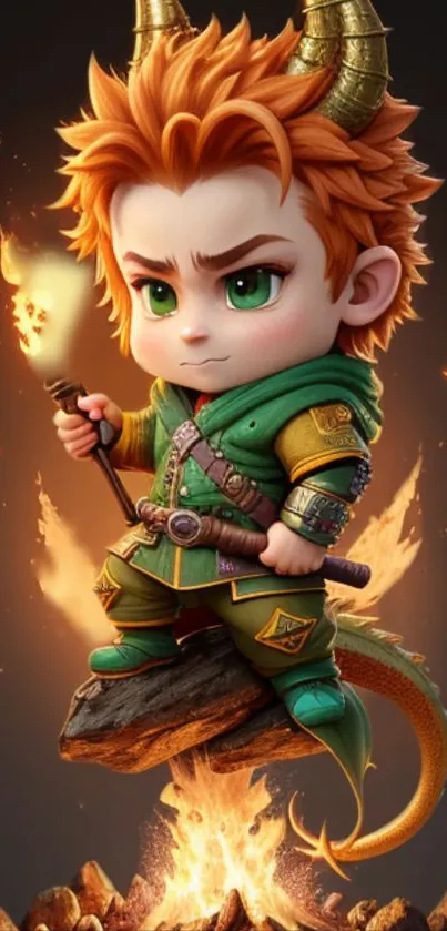 Chibi warrior in fantasy outfit with a flame background.