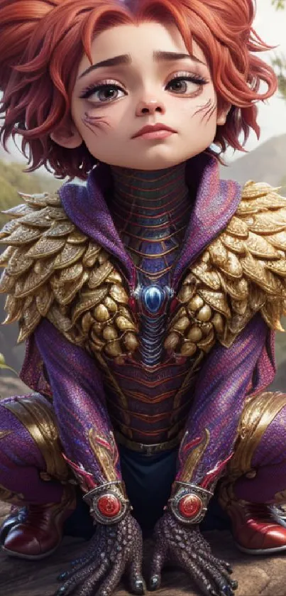 A young fantasy warrior in purple and gold armor, sitting in a forest setting.