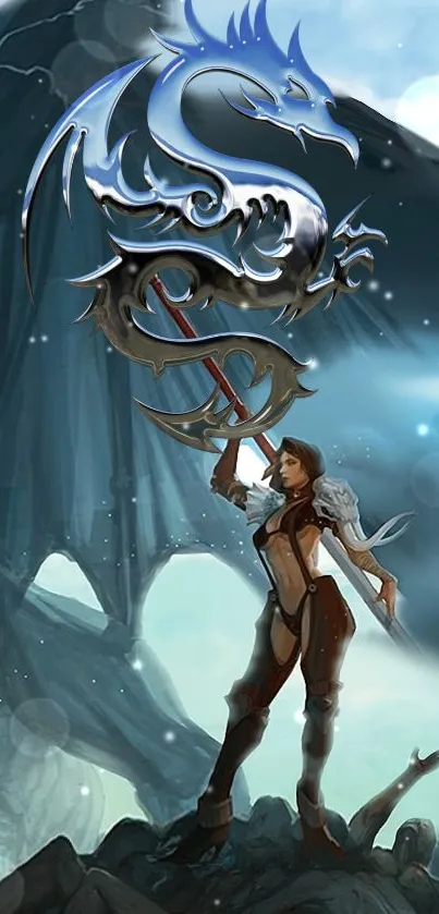 Fantasy warrior holding a dragon symbol with icy blue background.