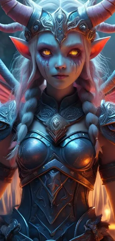 Fantasy warrior fairy with glowing eyes and armor