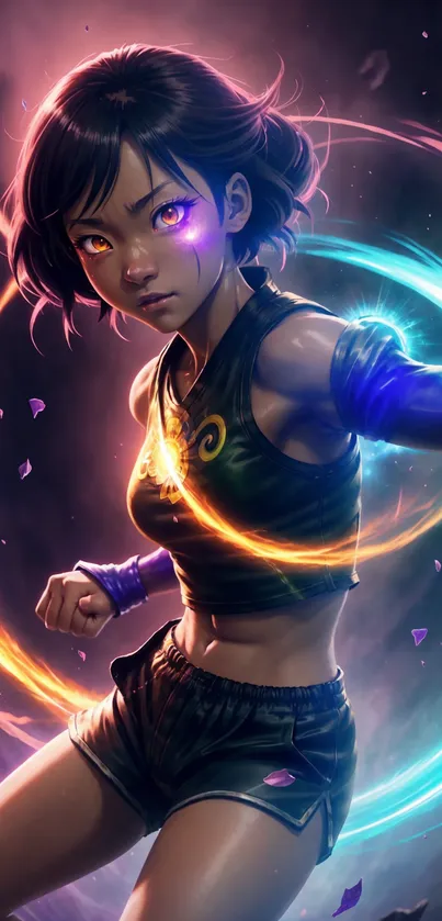 Fantasy warrior girl with neon magic elements.