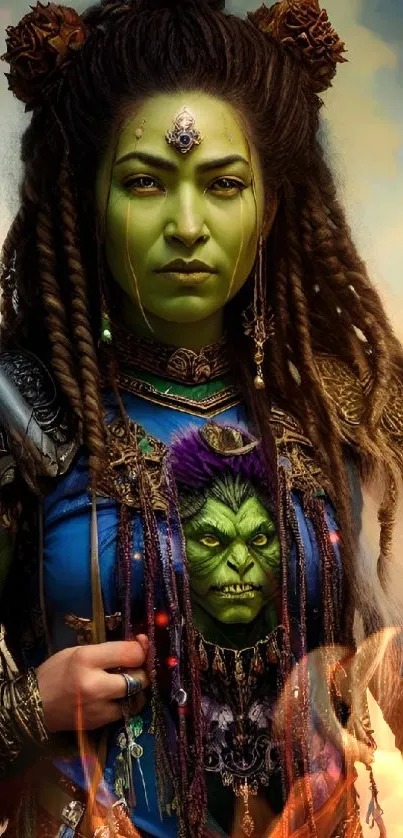 Warrior with green skin and intricate armor in a fantasy setting.
