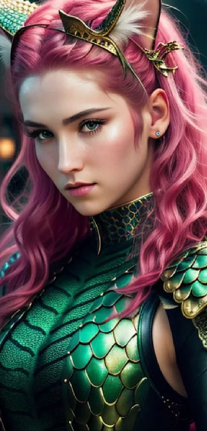 Fantasy warrior with pink hair and dragon scale armor.