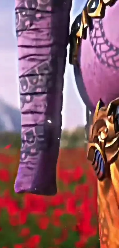 Fantasy warrior in purple armor stands in a red flower field.