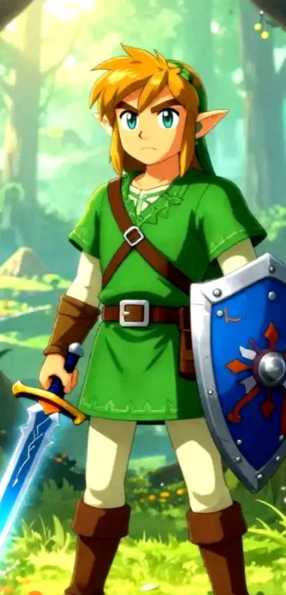 Fantasy warrior with sword and shield in a lush forest.