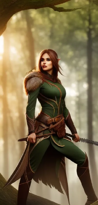 Fantasy warrior in green armor stands in an enchanting sunlit forest.