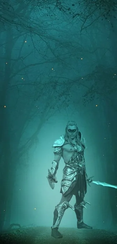 Fantasy warrior with glowing sword in enchanted forest.