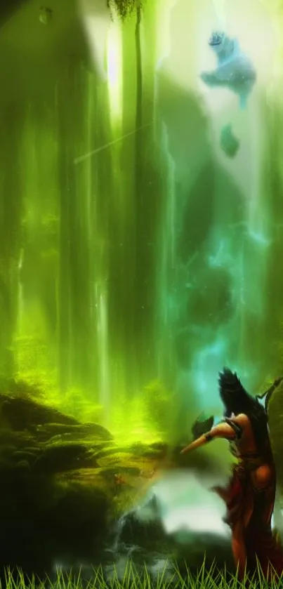 Warrior stands in glowing green forest with mystical light and waterfall.