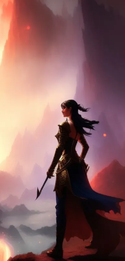 Warrior stands in fiery, mystical landscape with flowing cape and armor.