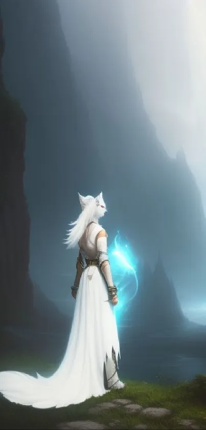 Fantasy warrior stands in misty valley with glowing staff and ethereal light.