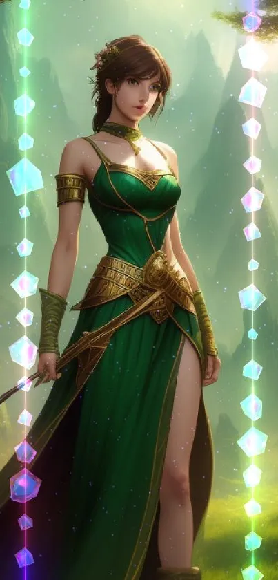 Fantasy warrior woman in emerald dress in a mystical forest background.