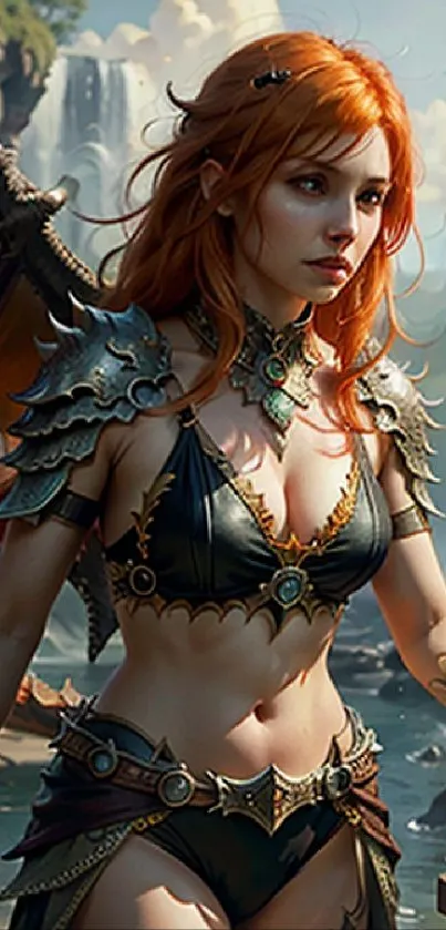 Fantasy warrior with wings near waterfall in mystical setting.