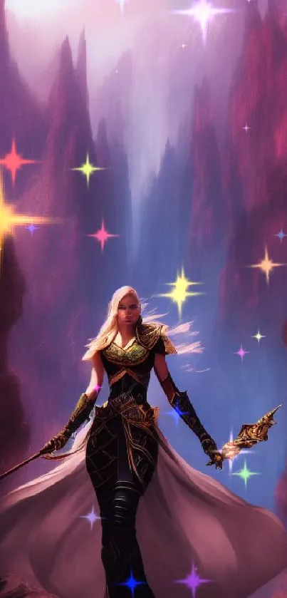 Fantasy warrior stands in mystical, purple-hued valley, exuding elegance and strength.