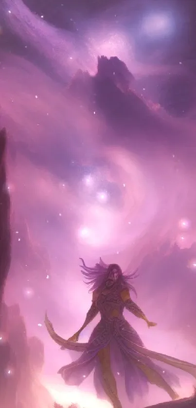 Fantasy warrior standing in purple mist.