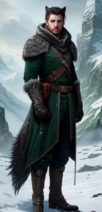 Fantasy warrior in green cloak stands in snowy mountains.