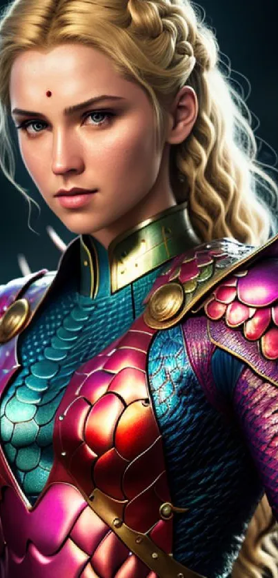 Blonde fantasy warrior in vibrant armor, ideal for mobile wallpaper.