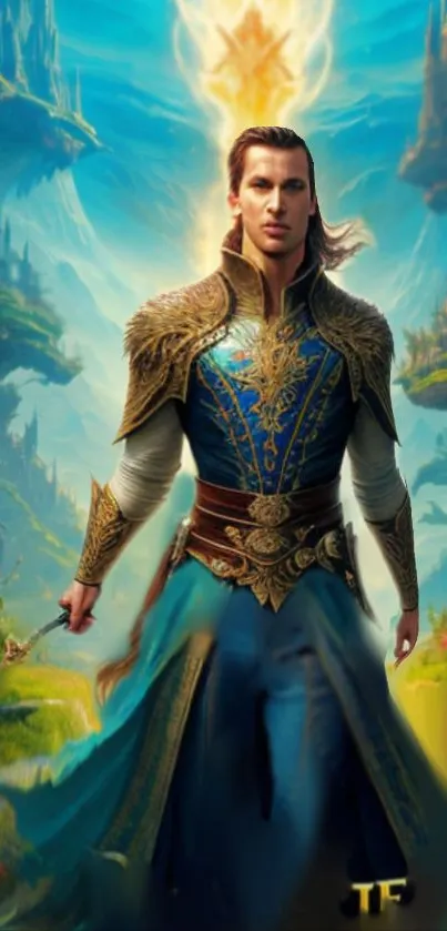 Fantasy warrior in blue and gold attire amidst a mystical landscape.