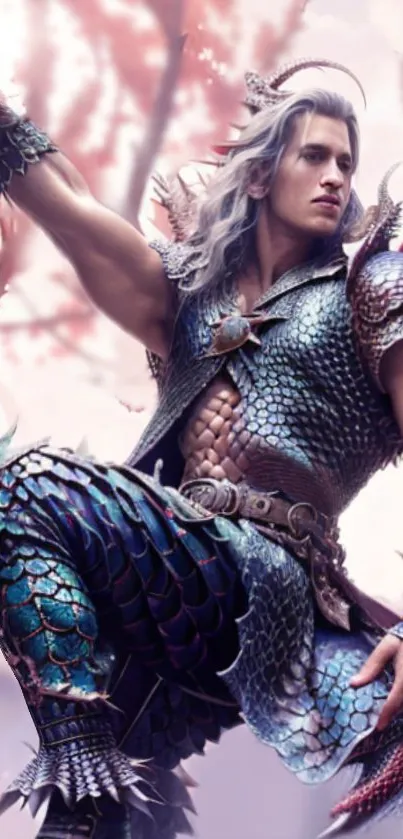 Fantasy warrior in detailed blue armor with dragon scales on mobile wallpaper.