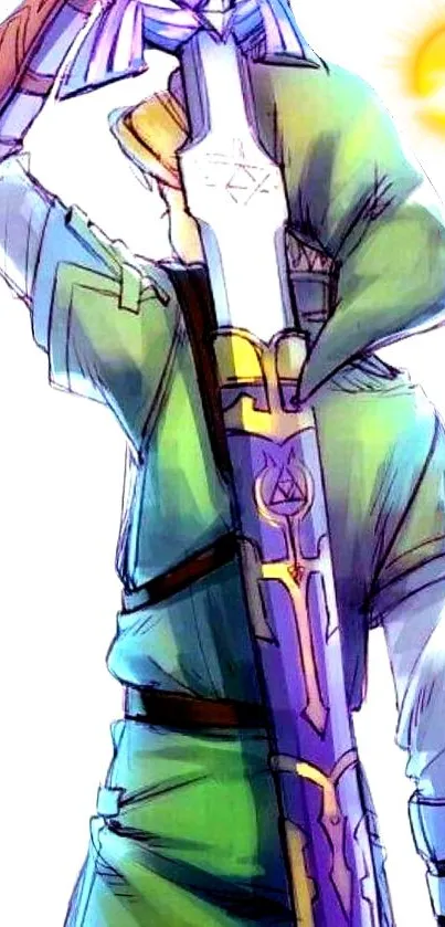 Fantasy warrior in green armor illustrated on mobile wallpaper.