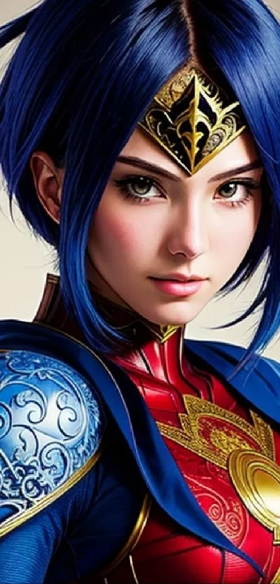 Fantasy warrior with blue hair and ornate armor illustration.