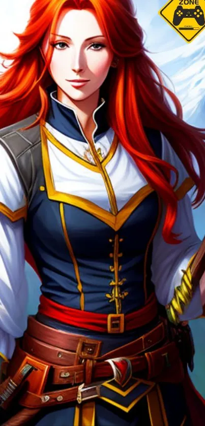 Red-haired fantasy warrior in vibrant colors.