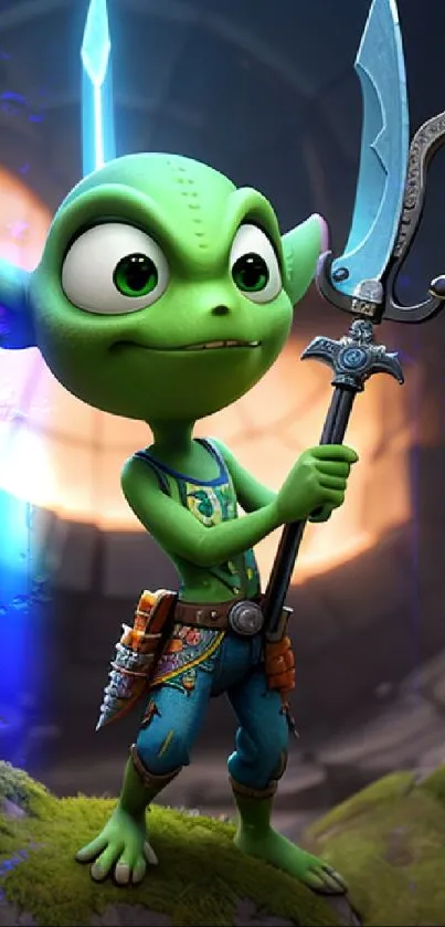 Green fantasy warrior with a sword standing on rocks.