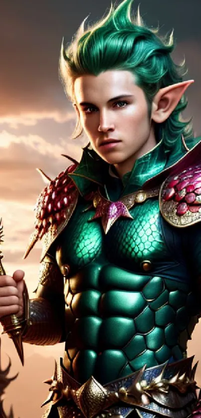 Green-haired elf warrior in dragon-scale armor set against a fantasy backdrop.