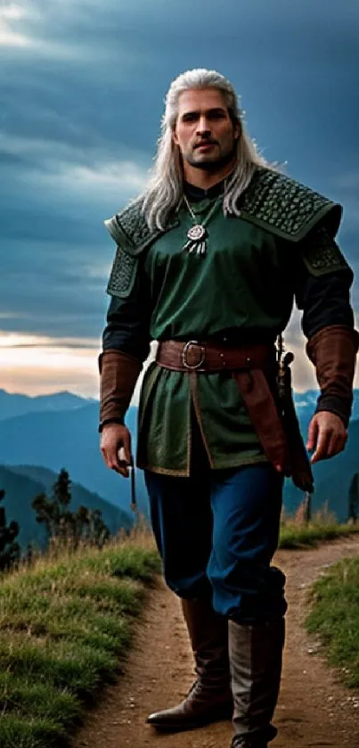 Fantasy warrior in green outfit stands on mountain path.