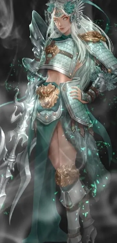 Fantasy warrior in teal armor with intricate design and mystical details.