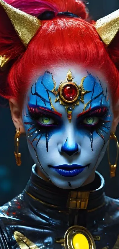 Fantasy-themed portrait of a mystical warrior with blue and red hues.