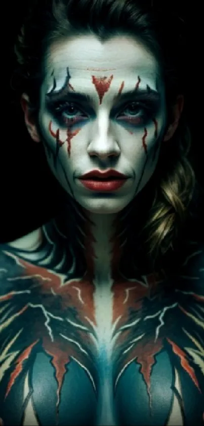 Fantasy warrior portrait with intricate body paint on a dark background.