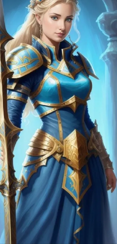 Fantasy warrior princess in blue armor with spear.