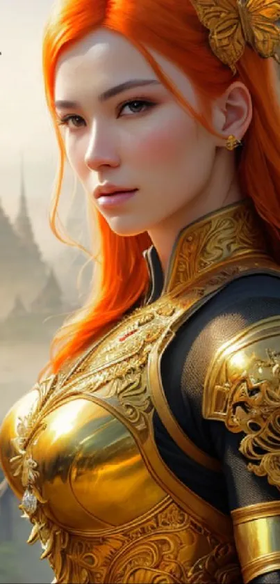 Fantasy warrior princess with red hair, golden armor, and butterflies in mystical setting.