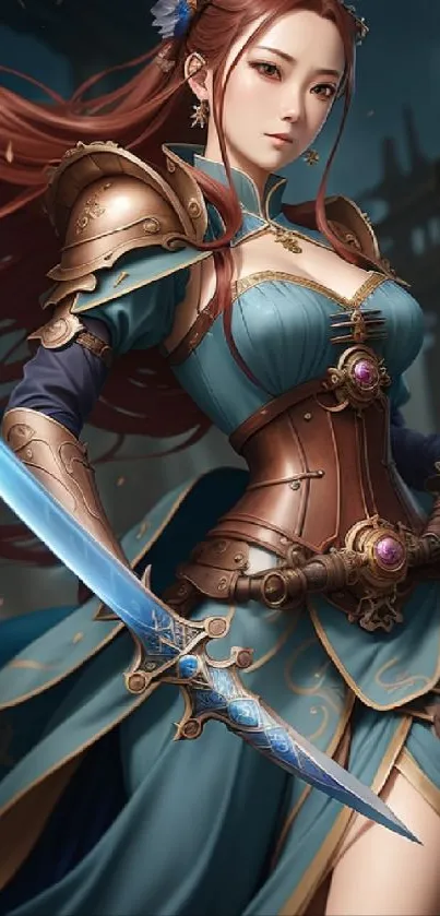 Fantasy warrior princess with sword in teal armor.