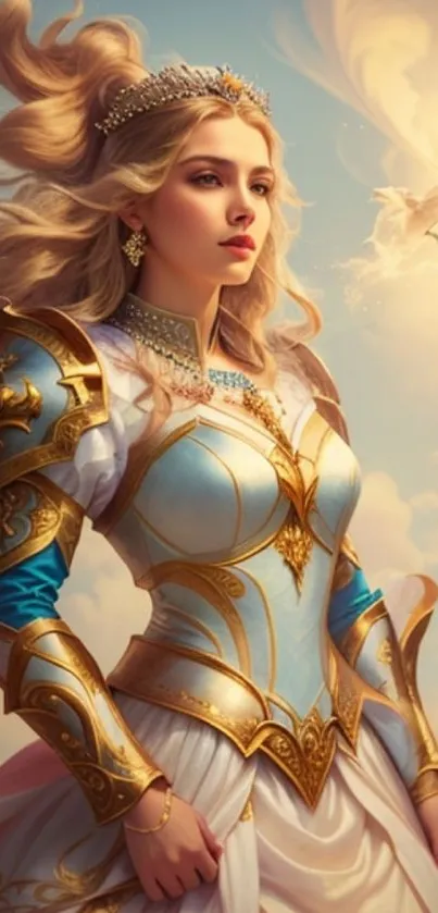 A fantasy warrior princess in detailed armor with flowing blonde hair.