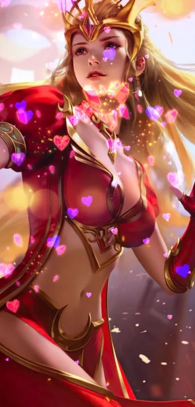 Fantasy warrior princess with red and gold armor in magical setting.