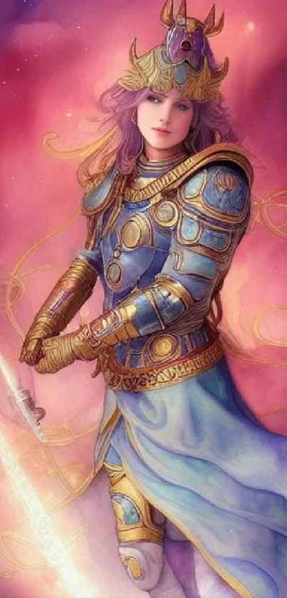 Fantasy warrior princess in detailed armor against a vibrant purple background.