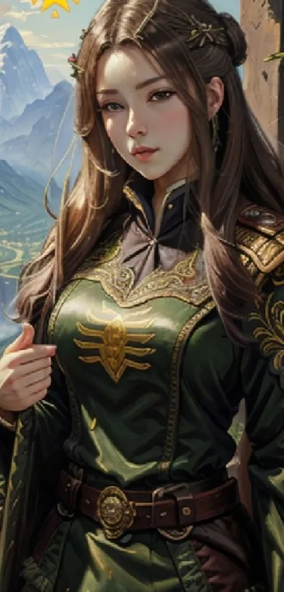 Fantasy warrior princess in green armor with mountains and river backdrop.