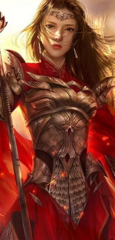 Epic fantasy warrior princess with red armor and weapon.