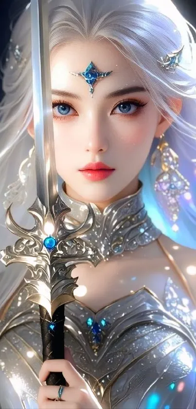 Fantasy warrior princess with sword and blue gemstone.
