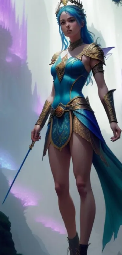 Fantasy warrior princess stands in a mystical forest with a sword.