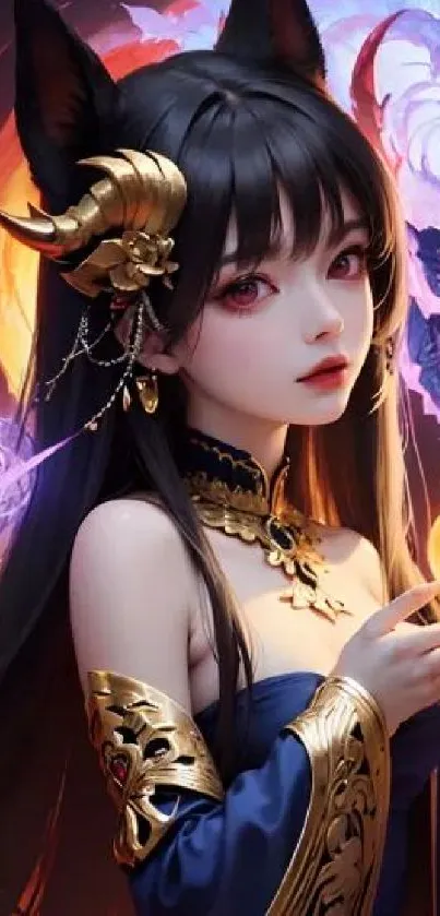Anime character with golden horns and mystical elements.