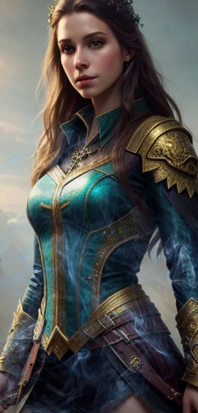 A fantasy warrior princess in teal armor with a mystical backdrop.